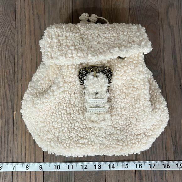NWOT Versace Jeans Couture Faux Shearling Convertible Mini Backpack Cream & Gold